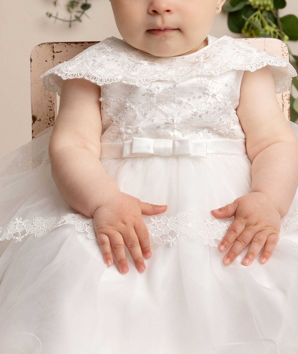 Baby Girls Layered Christening Lace Cape Dress - HAZEL