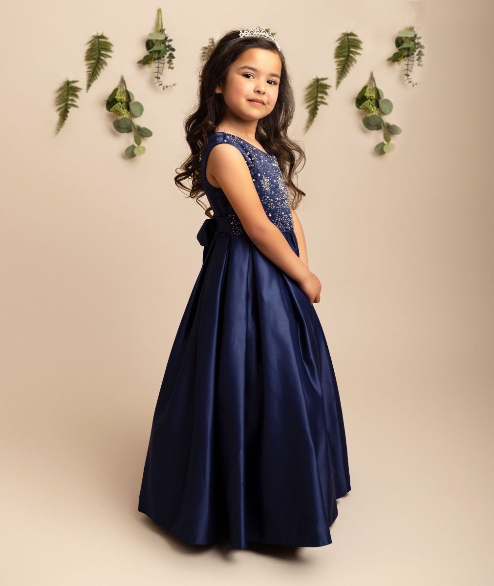 Girls Crystal Satin Navy Ball Gown Dress – EDEN