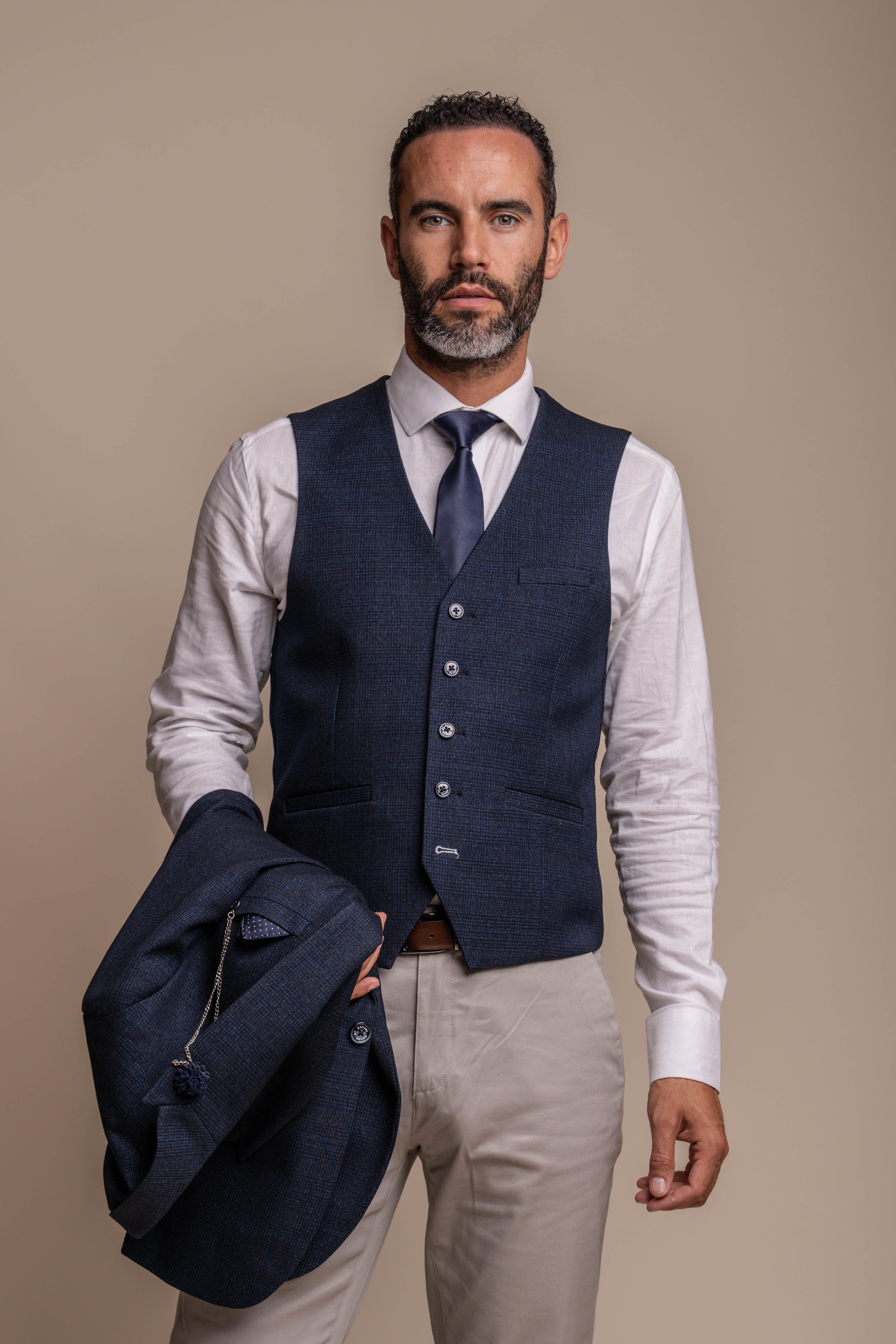 Ensemble Costume Combiné Tweed à Carreaux et Chino Beige pour Hommes - CARID