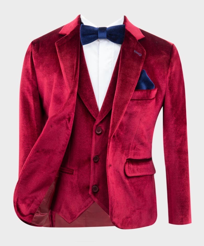 Boys Tailored Fit Velvet Blazer with Elbow Patches - Claret Red