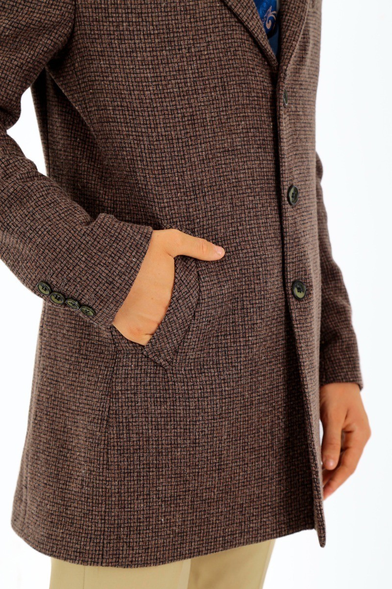 Boys Wool Tweed Patterned Midi Coat - Hellbraun