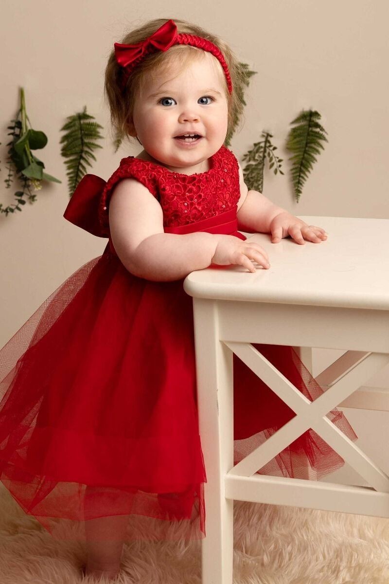 Baby Girls Dress with Floral Bodice & Bow - PC-1025 - Red