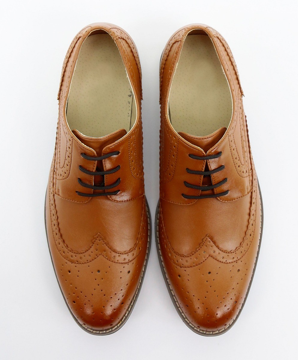 Chaussures richelieu en cuir à lacets et bout d'aile pour hommes - Brun