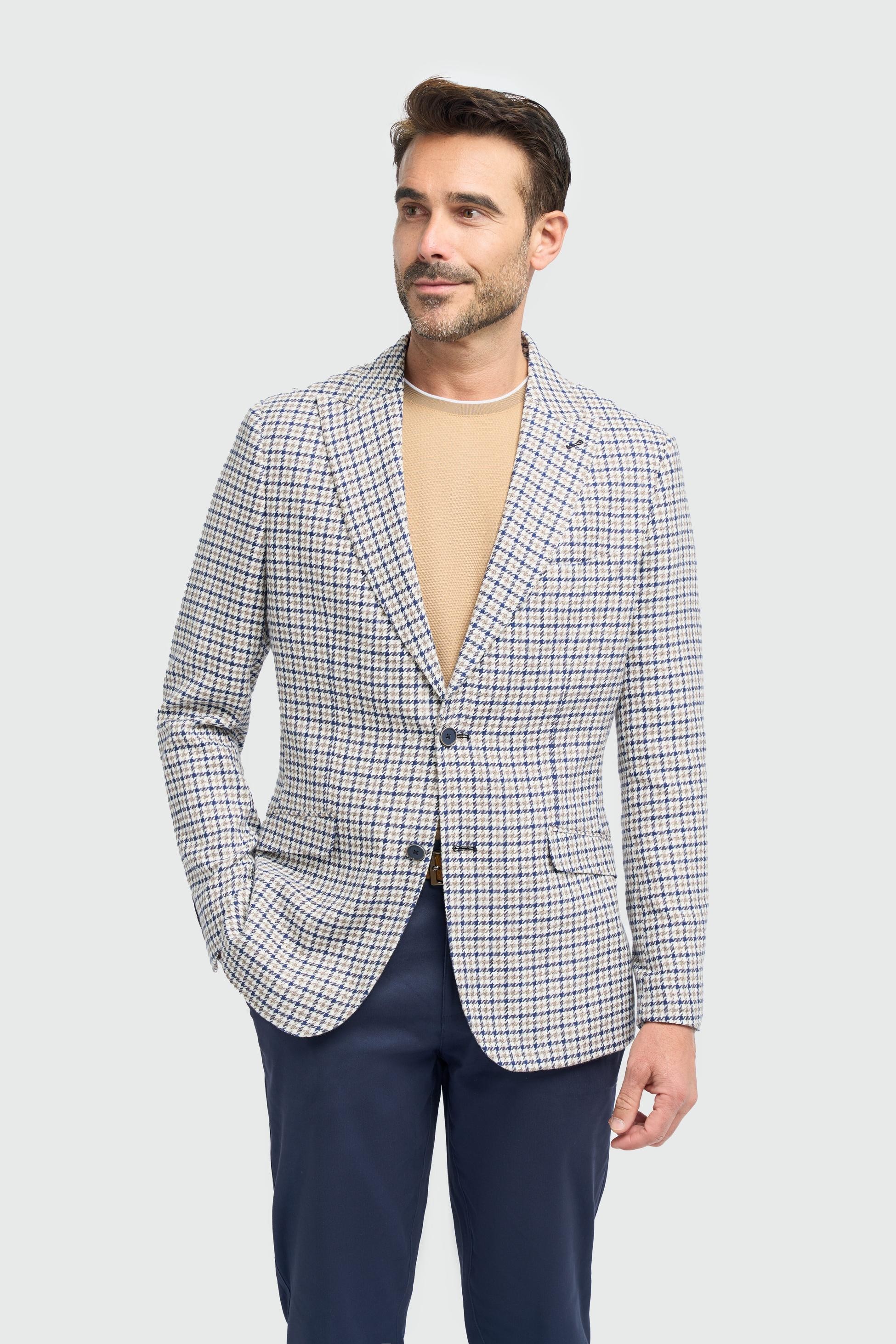 Men’s Beige Cotton Houndstooth Blazer - Bartela