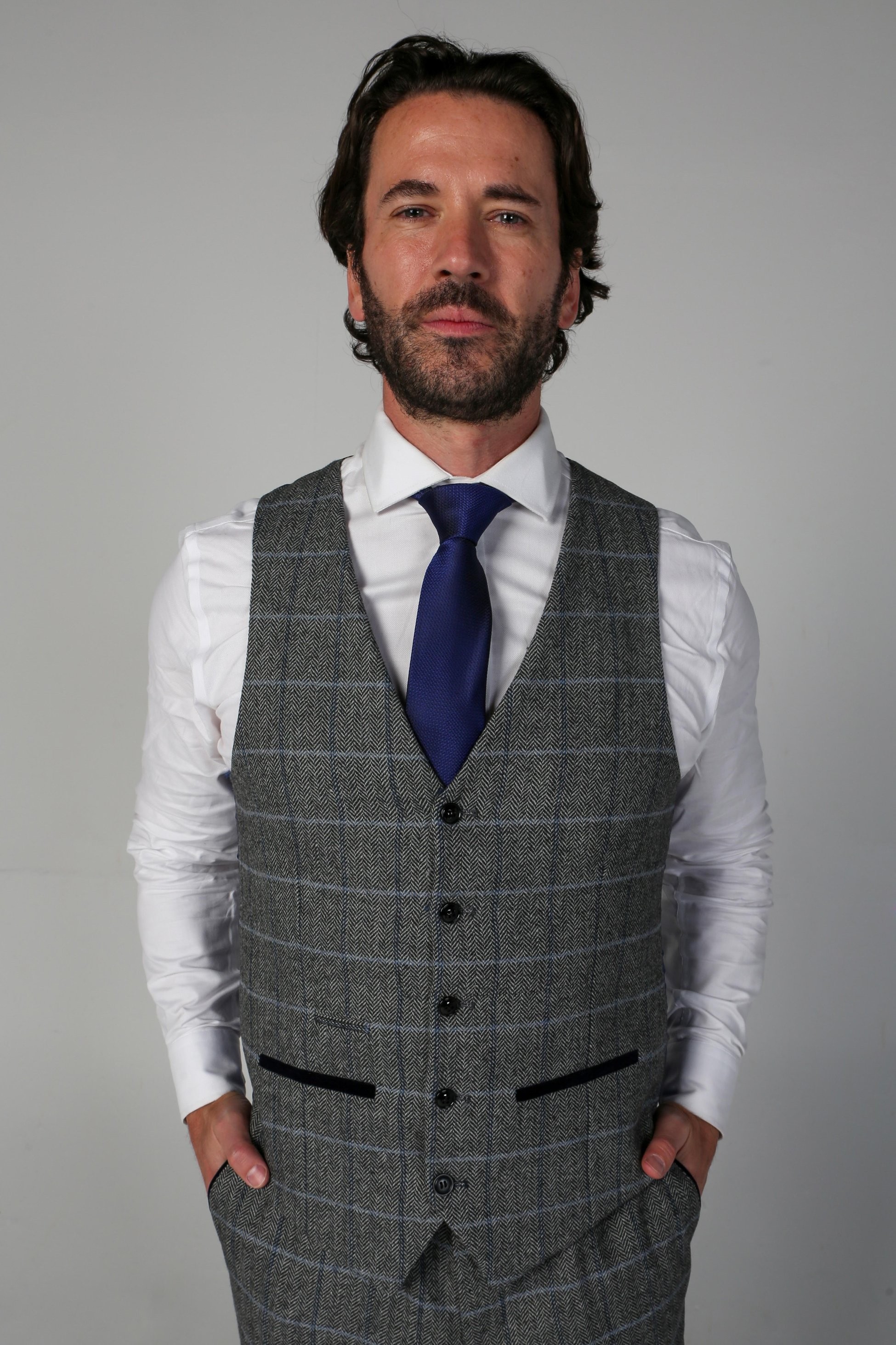 Herren Harris Tweed Retro 3-Teiler Windowpane Anzug für Hochzeit & Besondere Anlässe - Grey