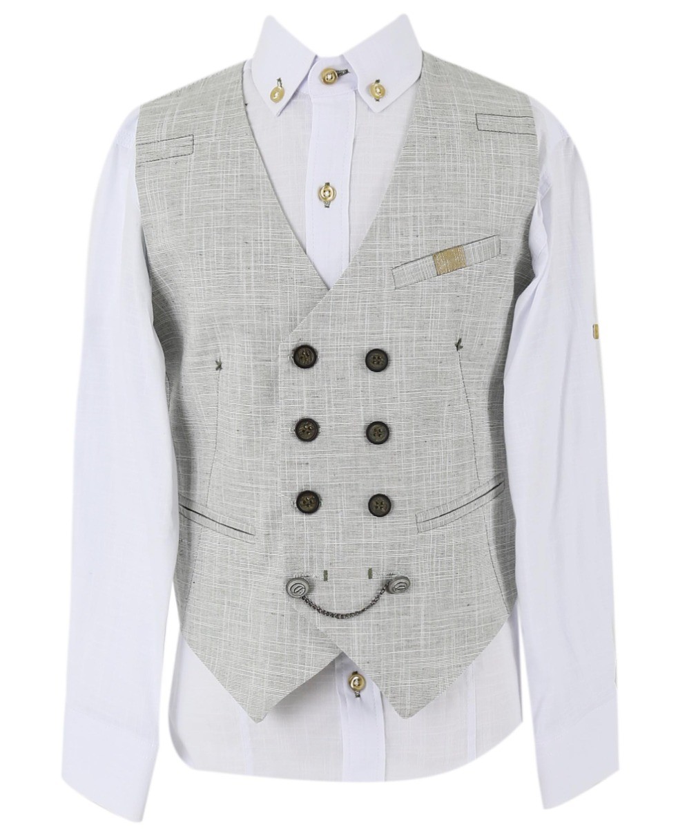 Boys Self Patterned Double-Breasted Linen Vest Suit Set - Light Khaki