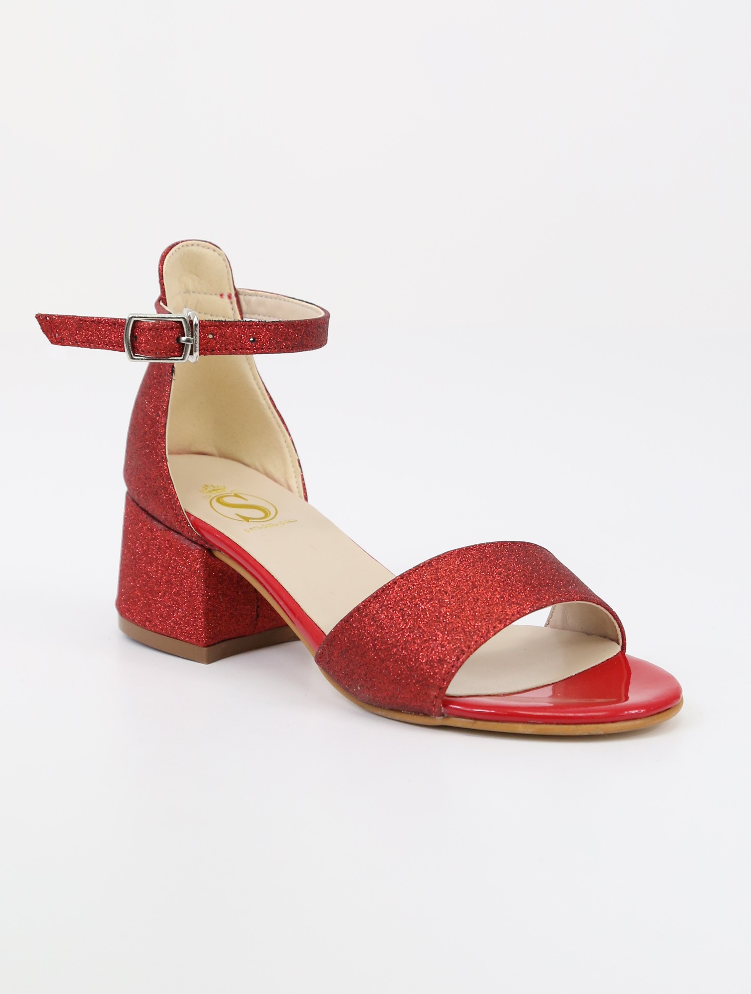 Girls Ankle-Strap Block Heel Sandals - SPARKLE - Red