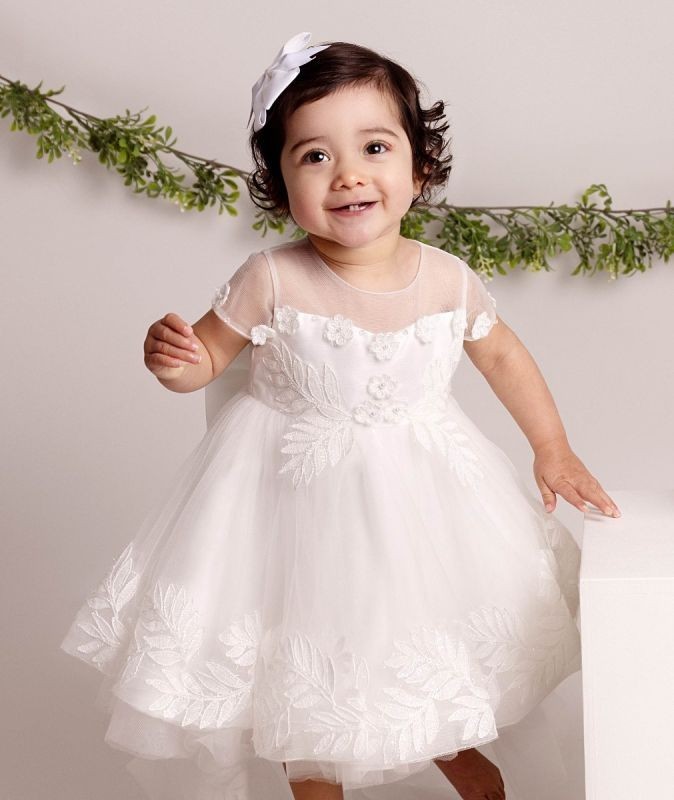 Baby Girls Leaf Lace Ivory Bow Dress - ANAYA