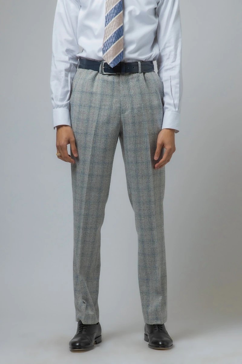 Pantalon ajusté à carreaux en tweed gris pour hommes - ANDREW