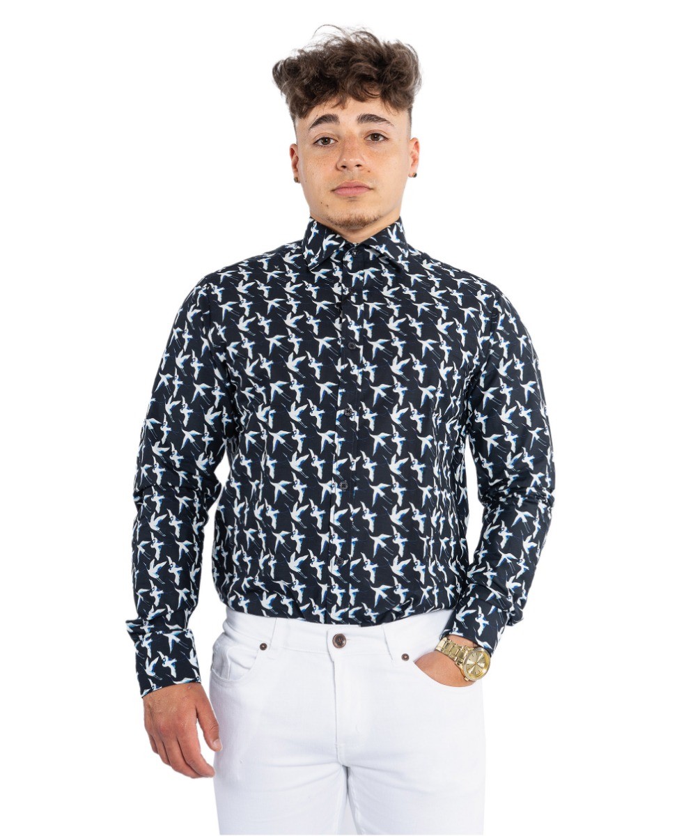 Men's Cotton Bird Pattern Long Sleeve Shirt