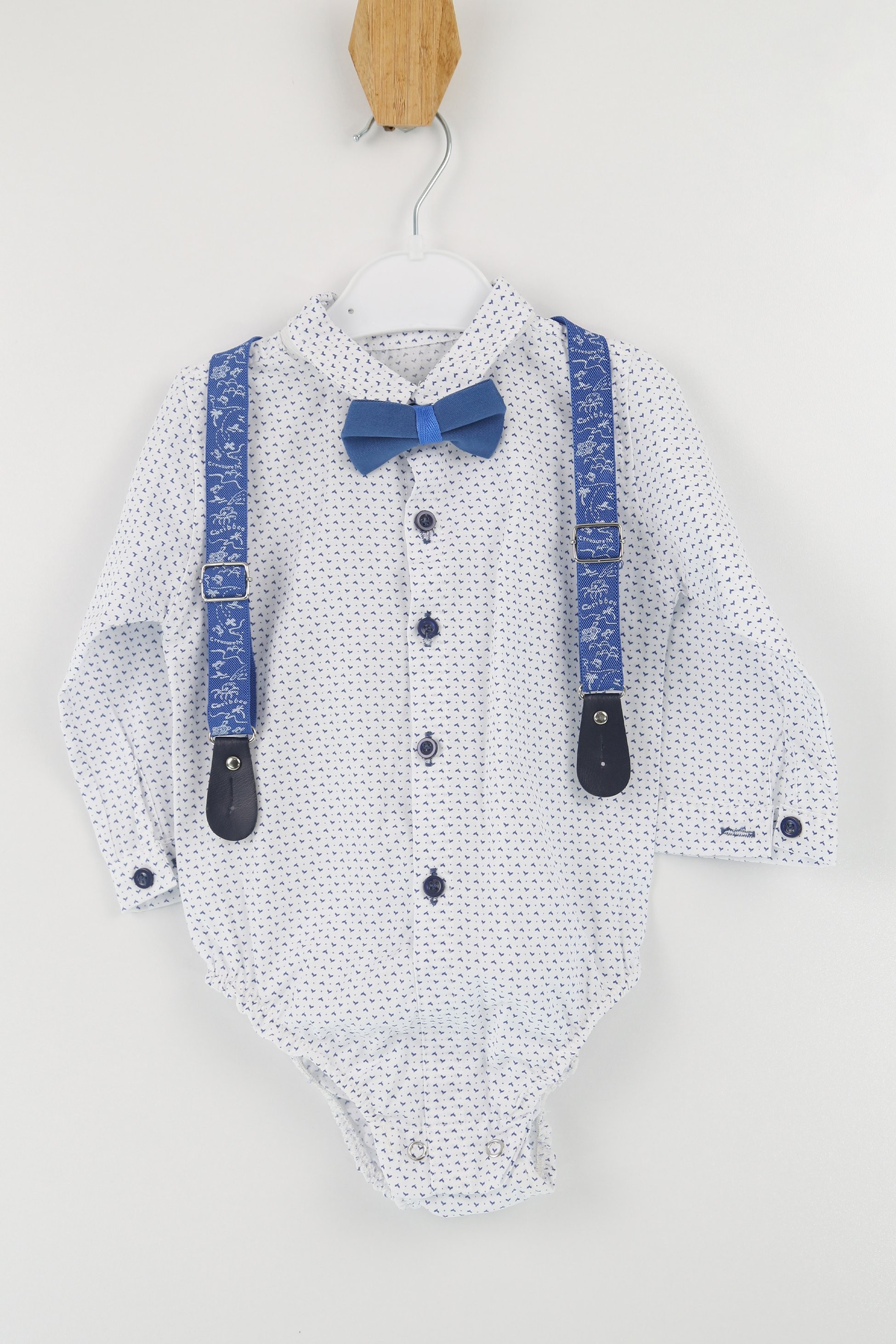 Baby Jungen Gentleman Outfit - 4-teiliges Hosenträger-Anzug-Set - BIRD - Blau