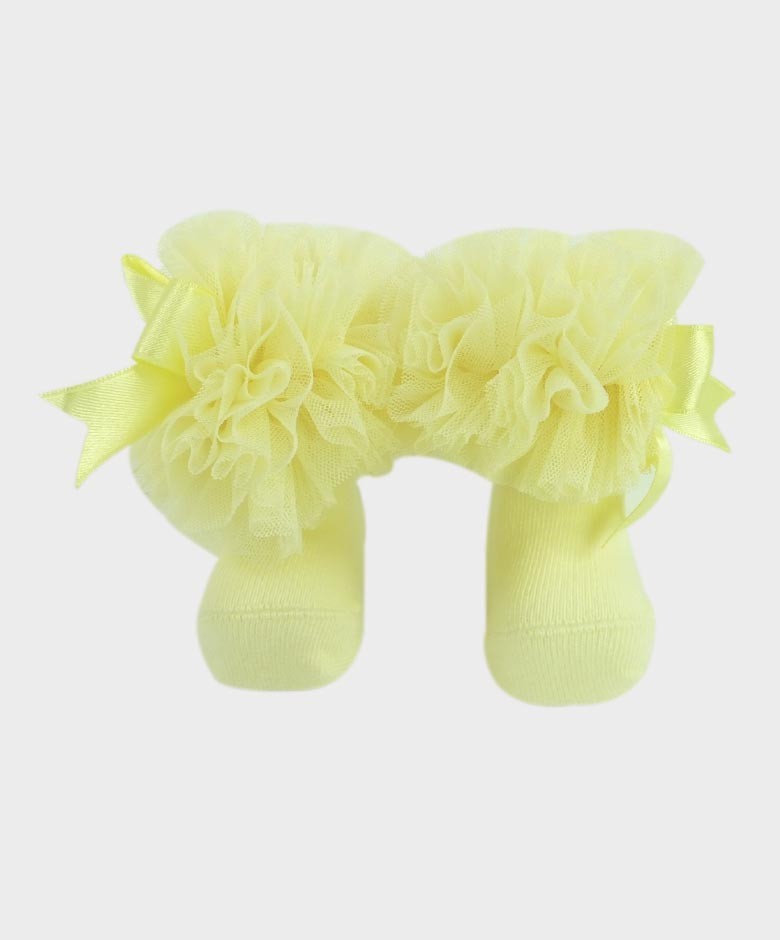 Baby Girls Ruffle Bow Frilly Ankle Socks - Yellow