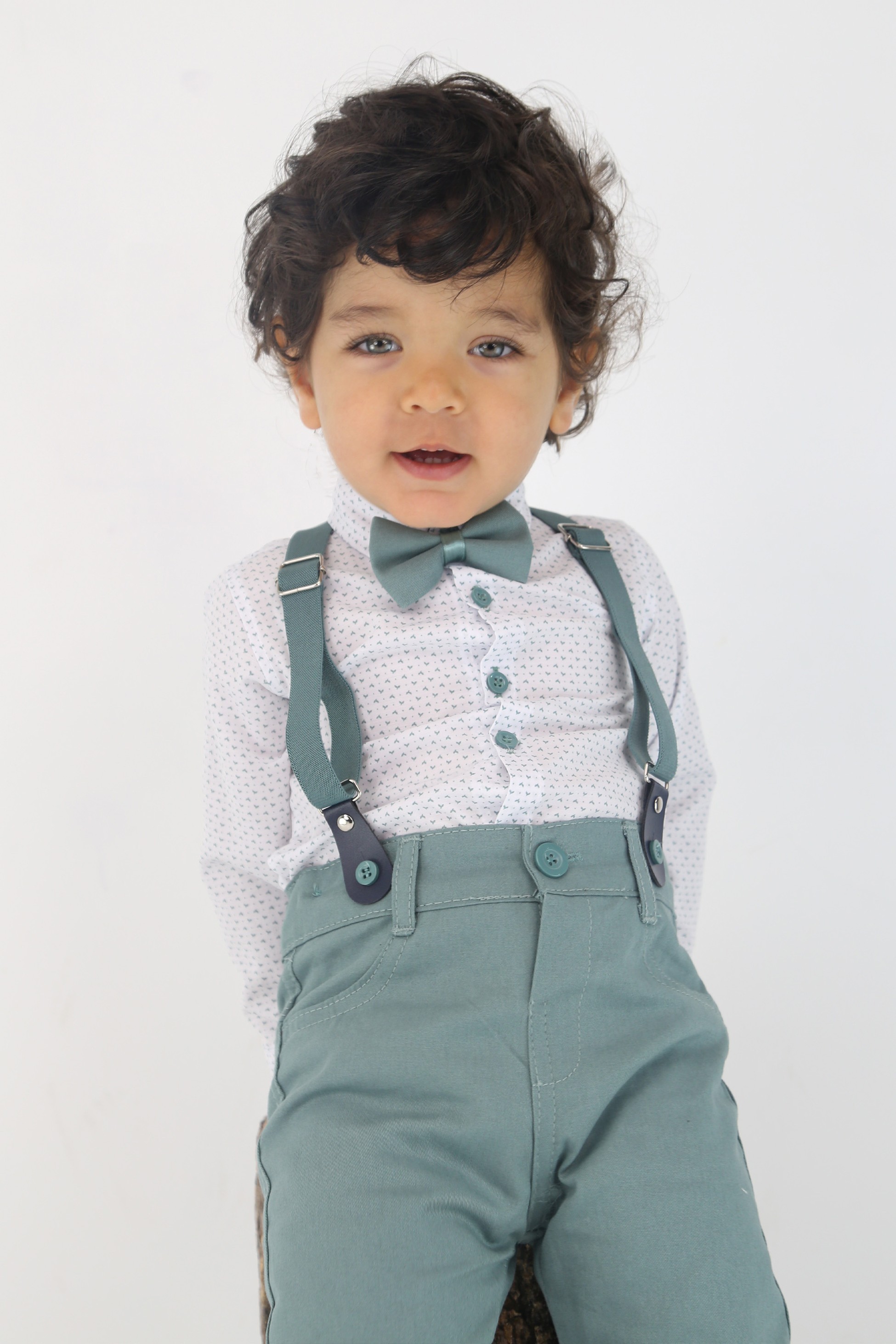 Baby Jungen Gentleman Outfit - 4-teiliges Hosenträger-Anzug-Set - BIRD - Grün