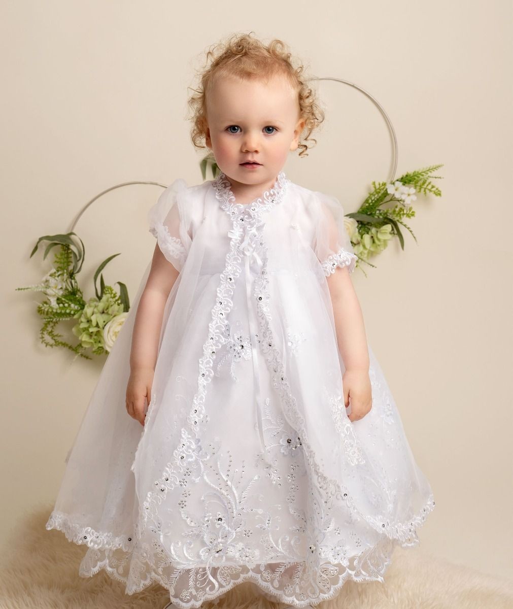 Baby Girls Sequin & lace Christening White Dress Set - 396