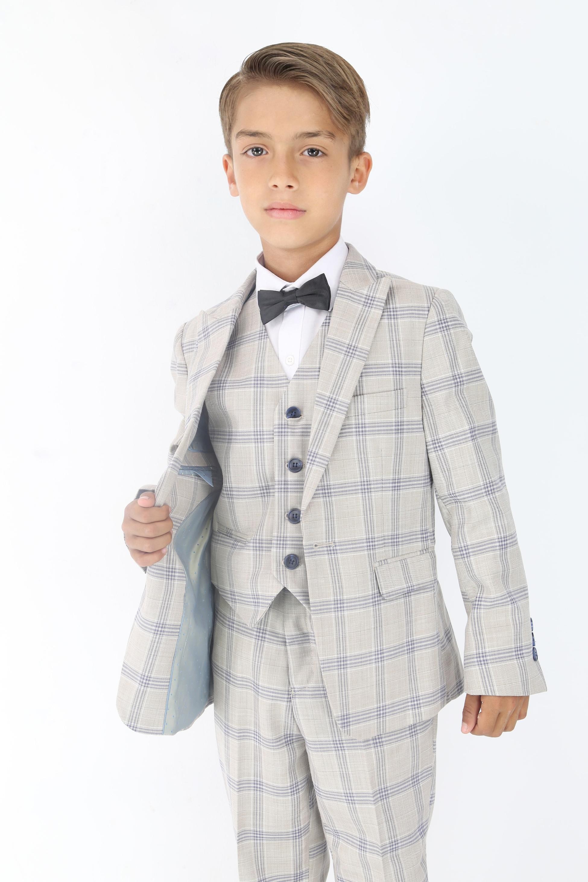 Boys Beige & Blue Plaid Check Suit