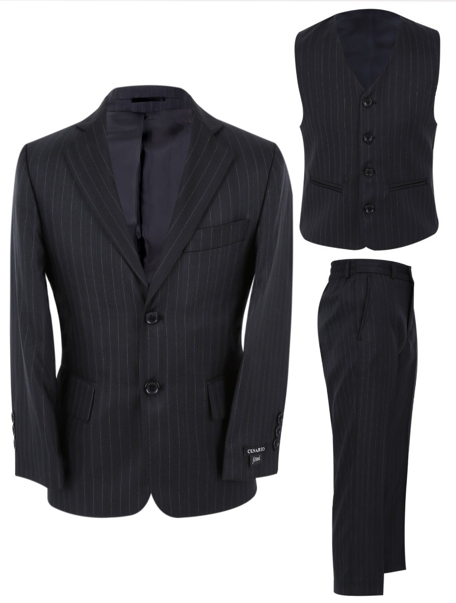Boys' Pinstripe Tailored Fit 3 Piece Suit