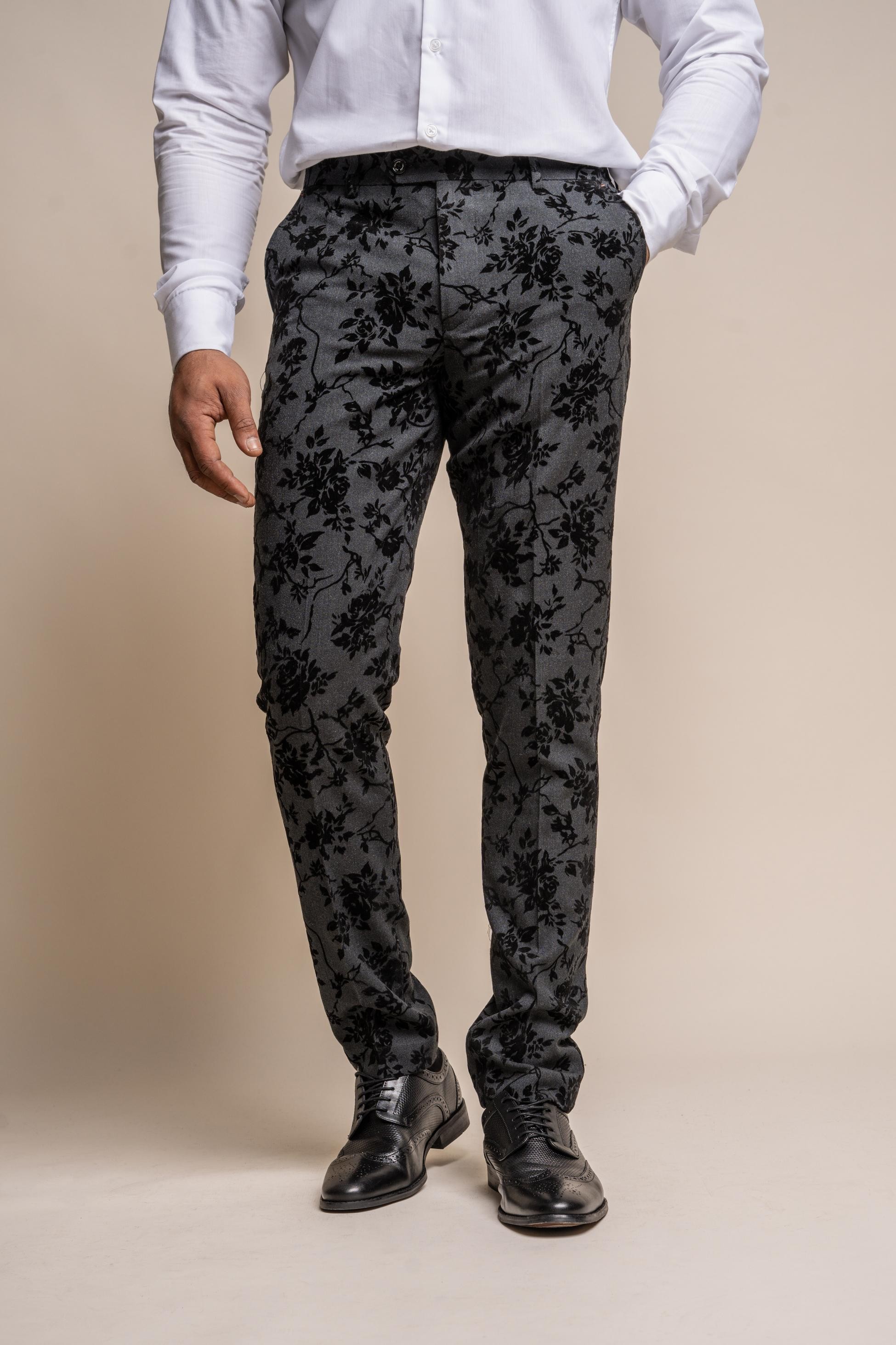 Men's Black Velvet Floral Embroidered Pants - GEORGI