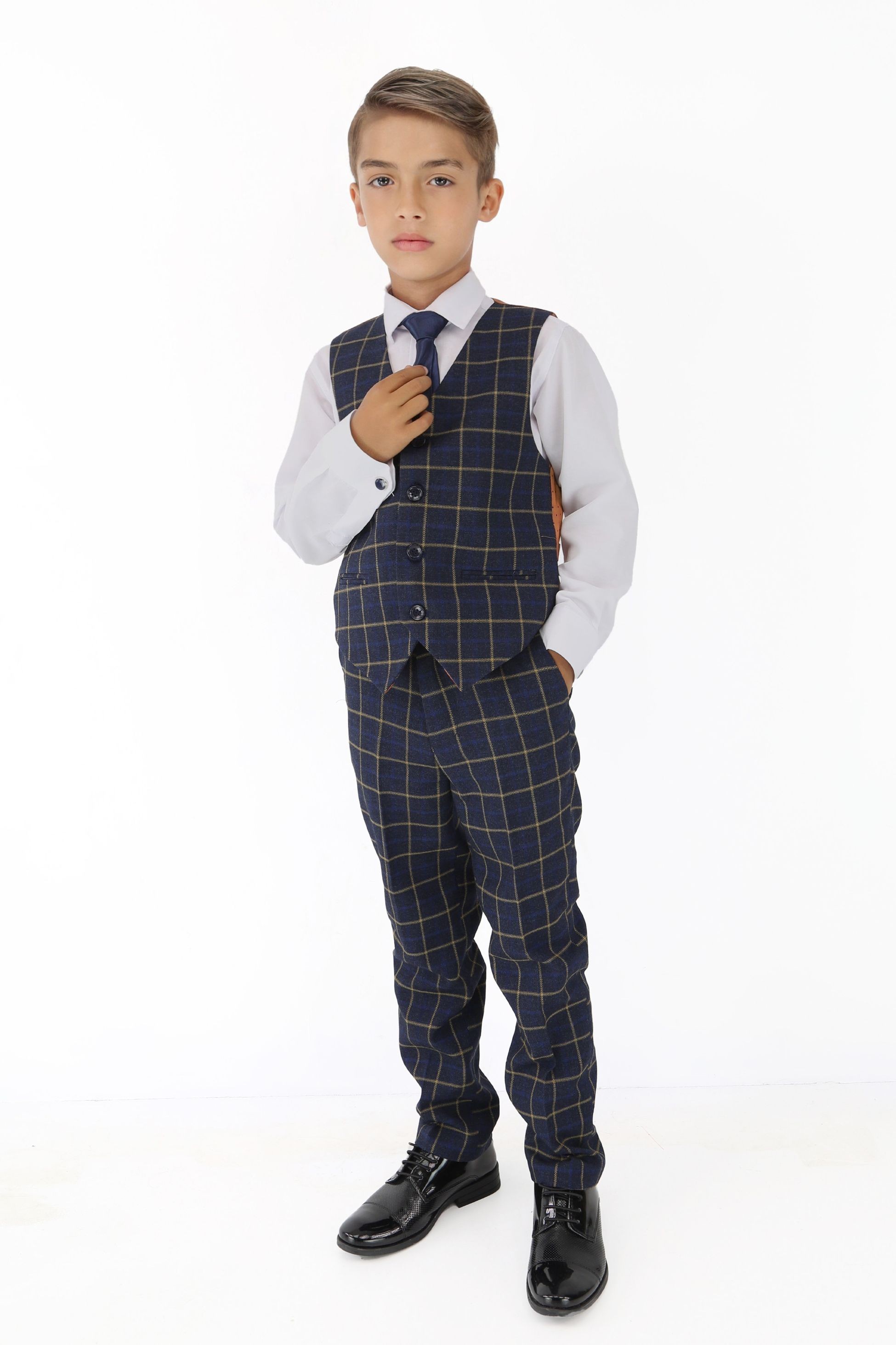 Boys Navy Blue Retro Check Suit