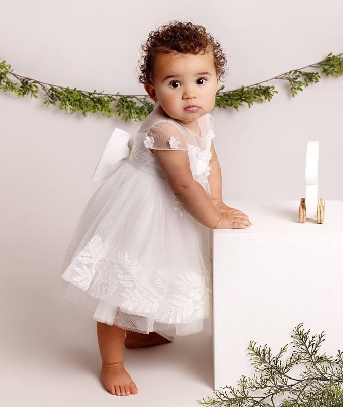 Baby Girls Leaf Lace Ivory Bow Dress - ANAYA