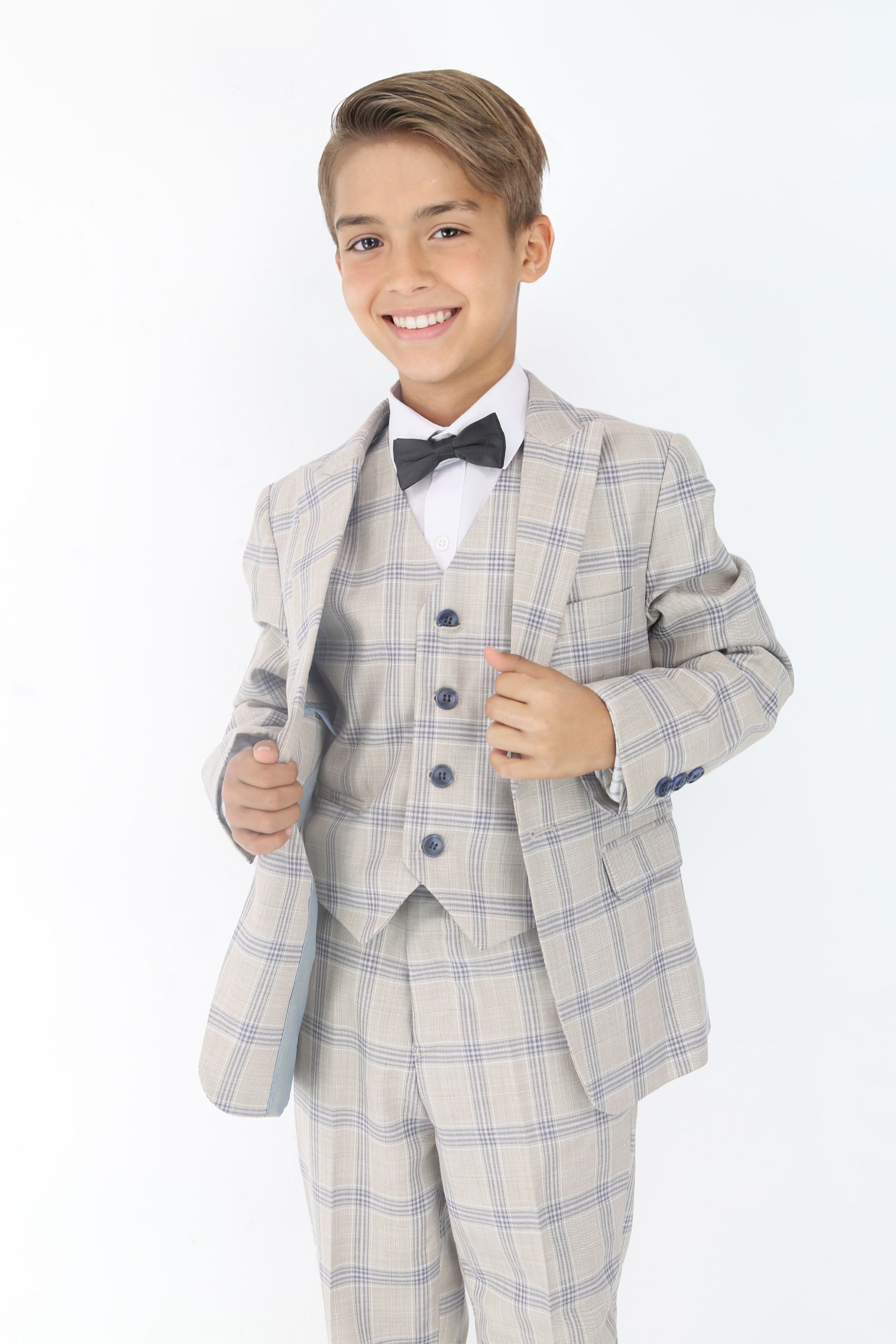 Boys Beige & Blue Plaid Check Suit