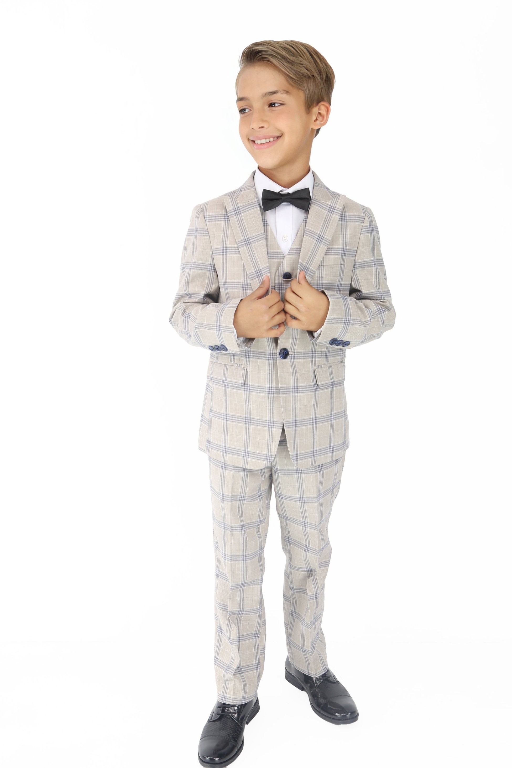 Boys Beige & Blue Plaid Check Suit