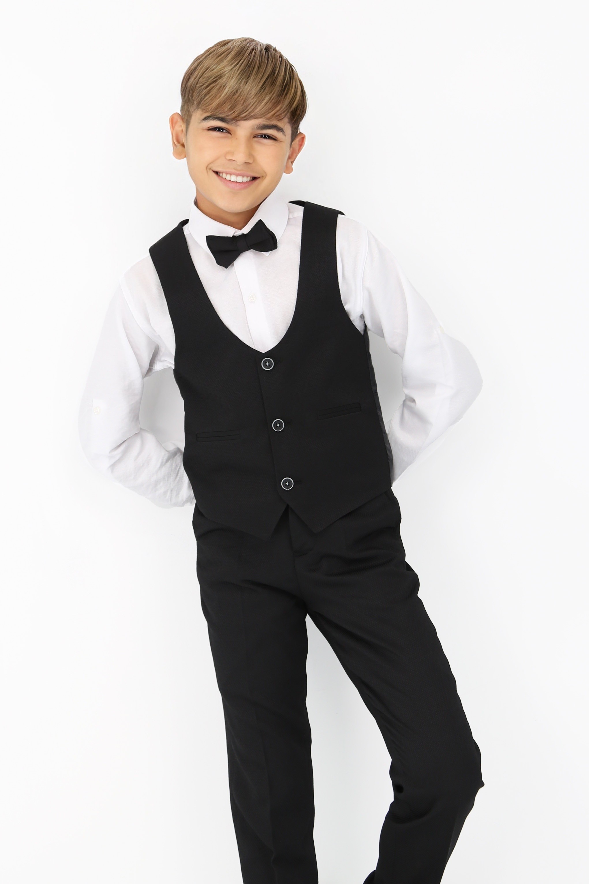 Slim-Fit Jungen Anzug 5-teilig mit Selbstmuster - Schwarz