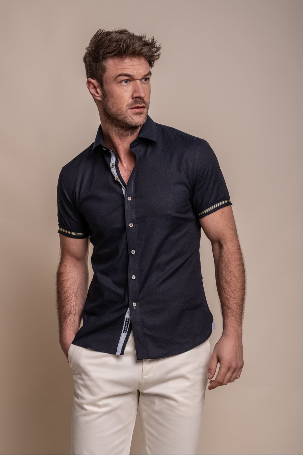 Chemise à manches courtes en mélange de lin ajustée pour hommes - FUEGO - Bleu marine