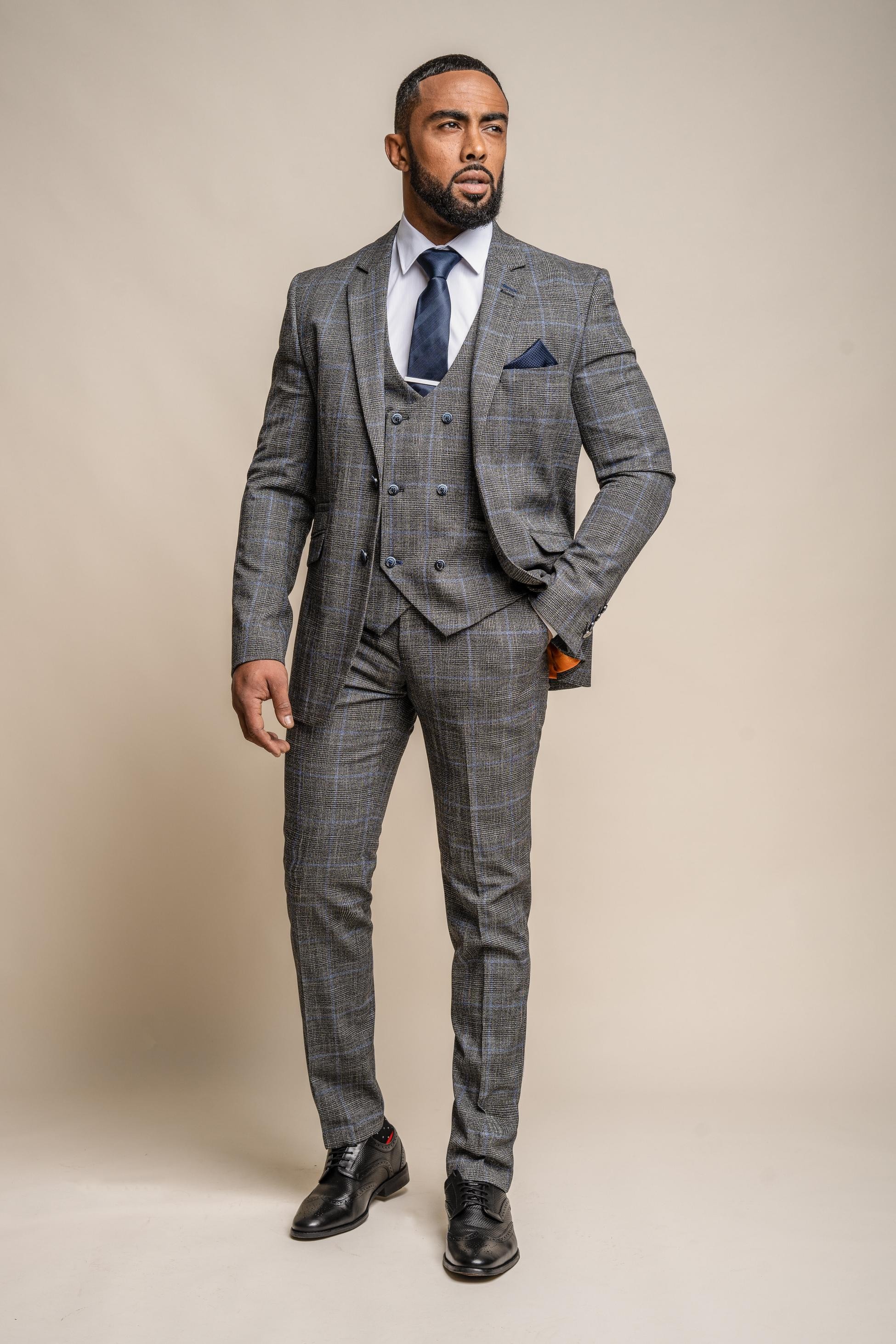 Men's Tweed Retro Check Grey Suit Jacket - POWER