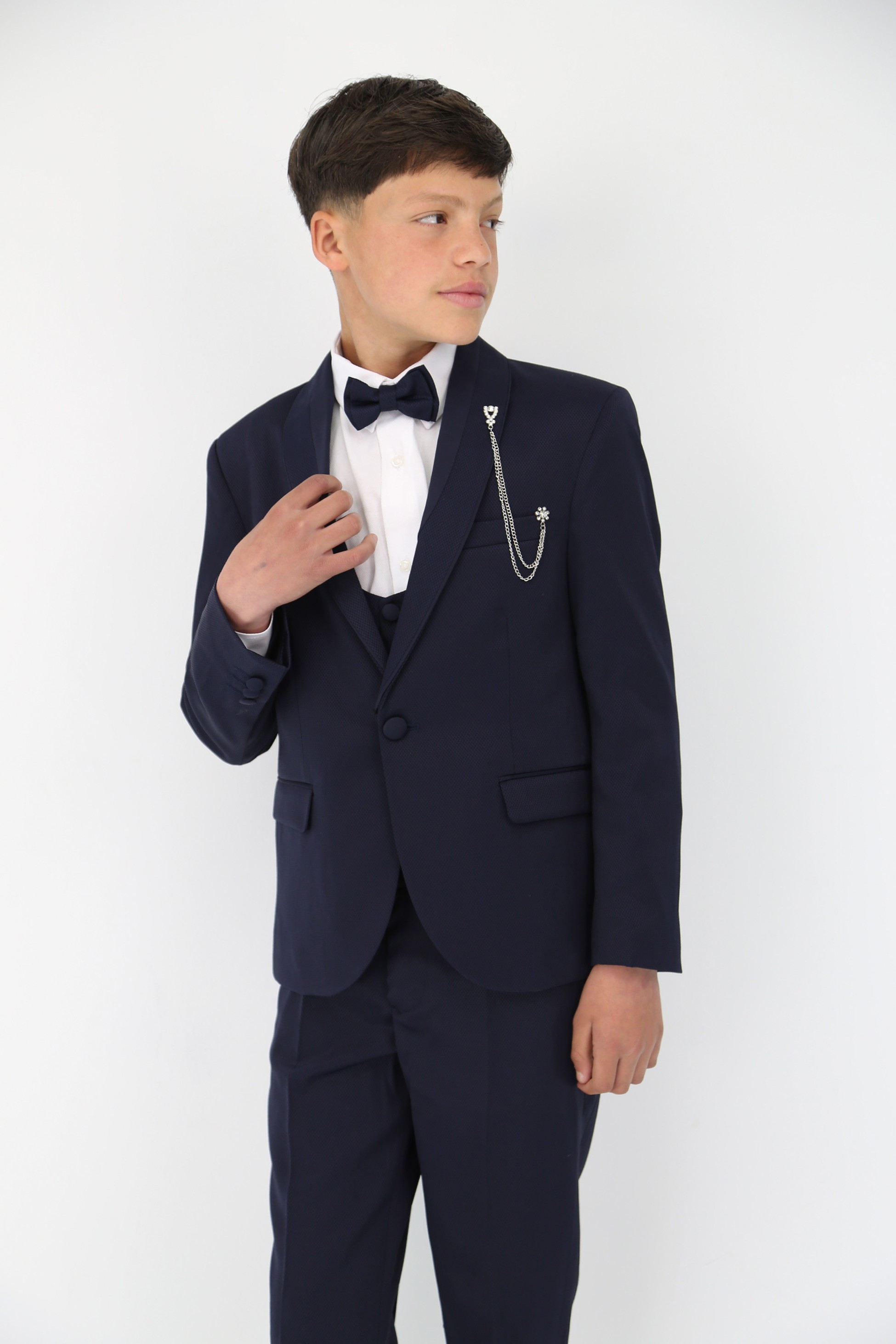 Jungen Satin Schal Revers Selbstgemustertes Smoking Anzug, 6-teiliges Set - Navy