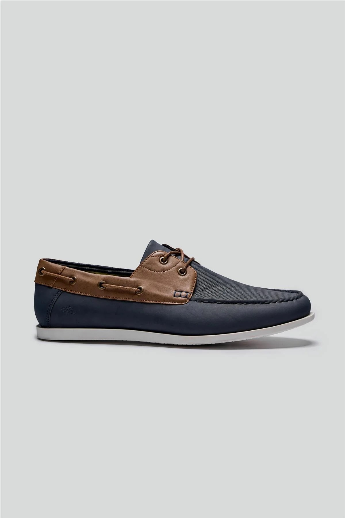 Men’s Leather Boat Shoes with White Sole - ANDROS - Tan Brown - Navy Blue