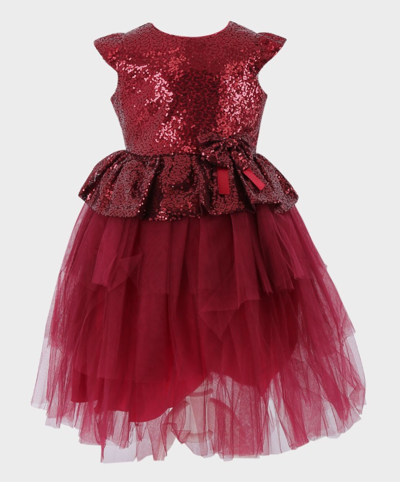 Girls Sequin and Tulle Puffy Dress - Wine Red