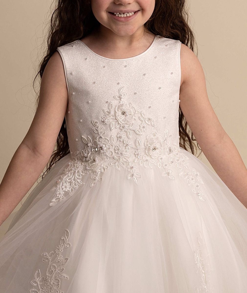 Girls Ivory Floral Embroidered Tulle Dress - RAQUEL