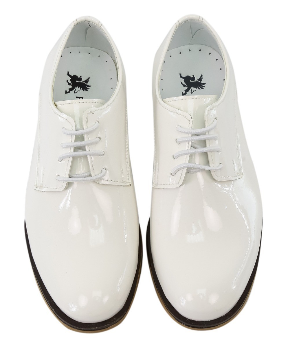 Chaussures de Communion Derby Blanc Verni à Lacets pour Garçons