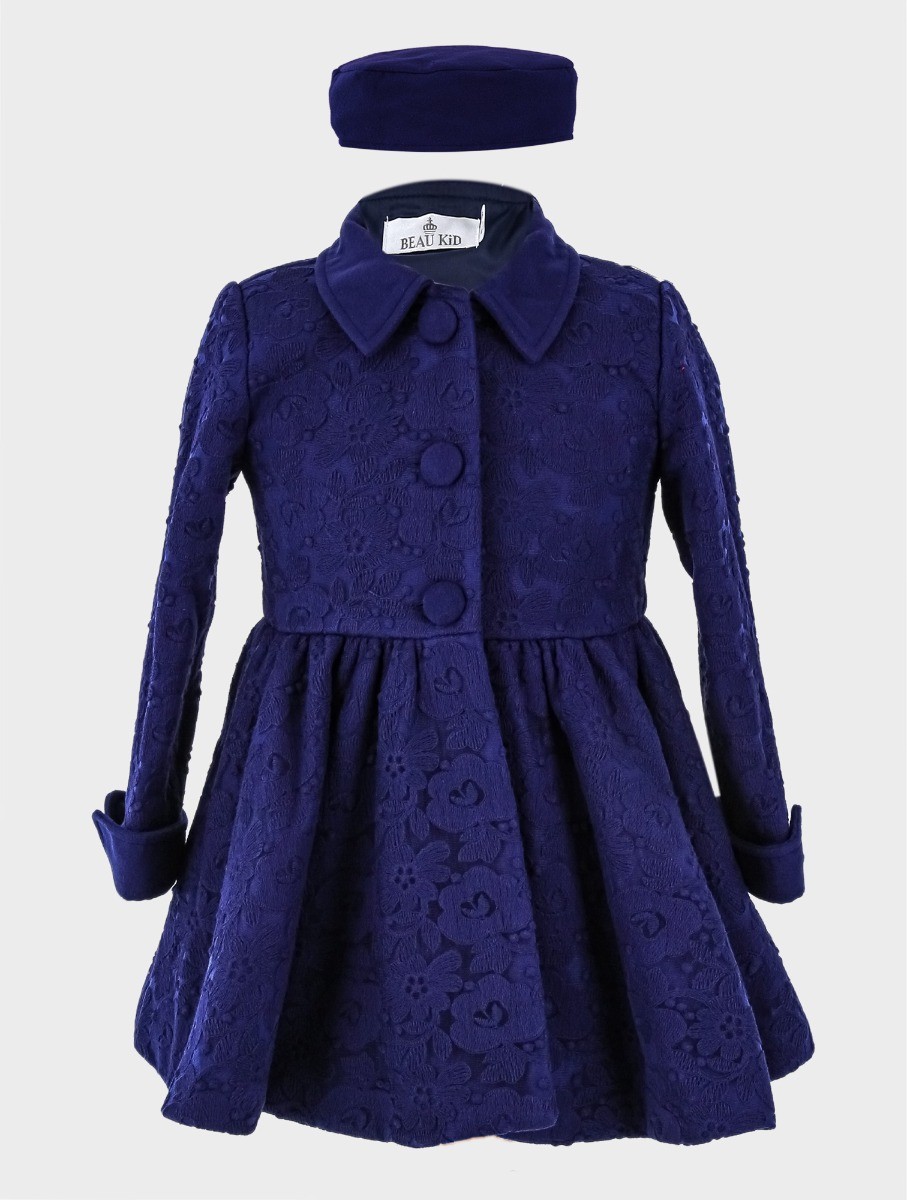 Girls Coat Floral Embroidered Lace 2 Piece Set - Navy Blue