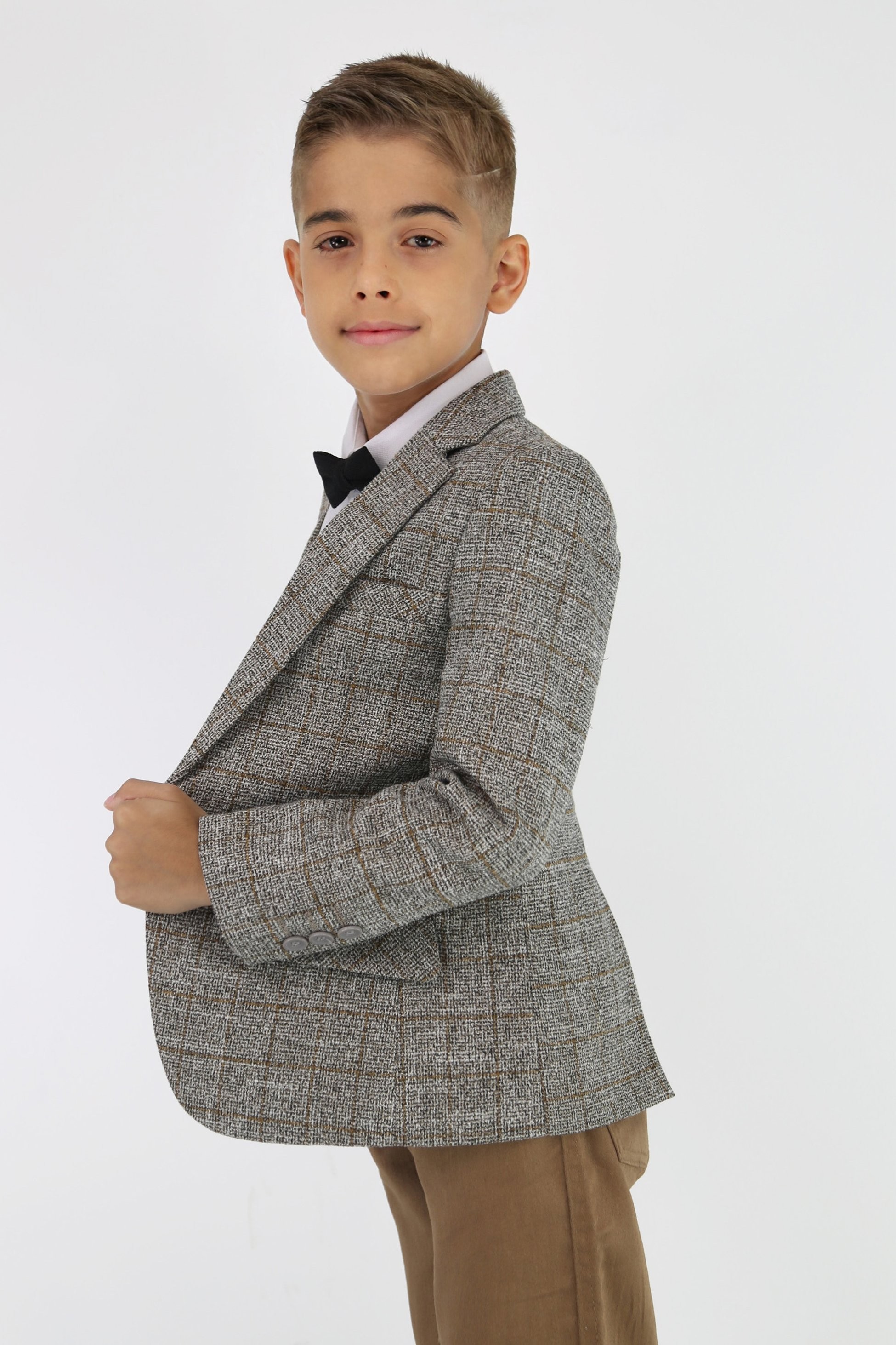 Jungen-Baumwoll-Tweed-ähnlicher Karo-Tailored-Fit-Blazer - Beige