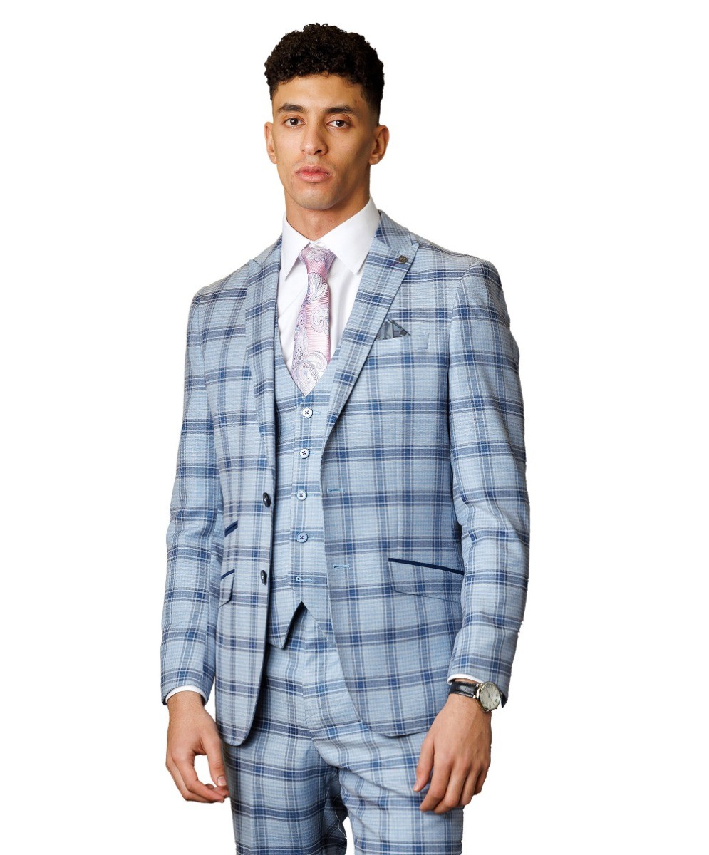 Men's Slim Fit Windowpane Check Blue Suit - BLAKE