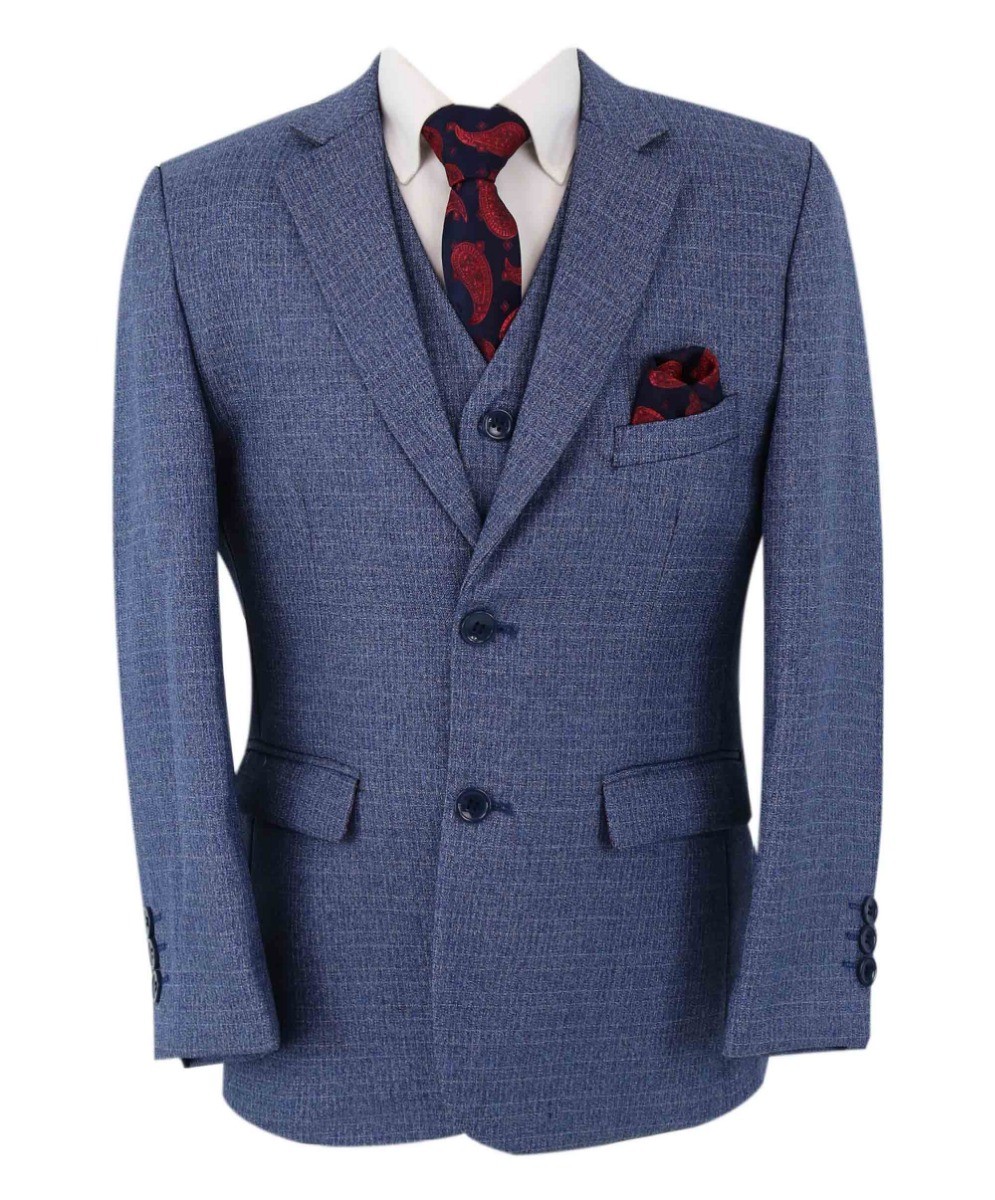 Boys Textured Tailored Fit Blue Suit - LONDON