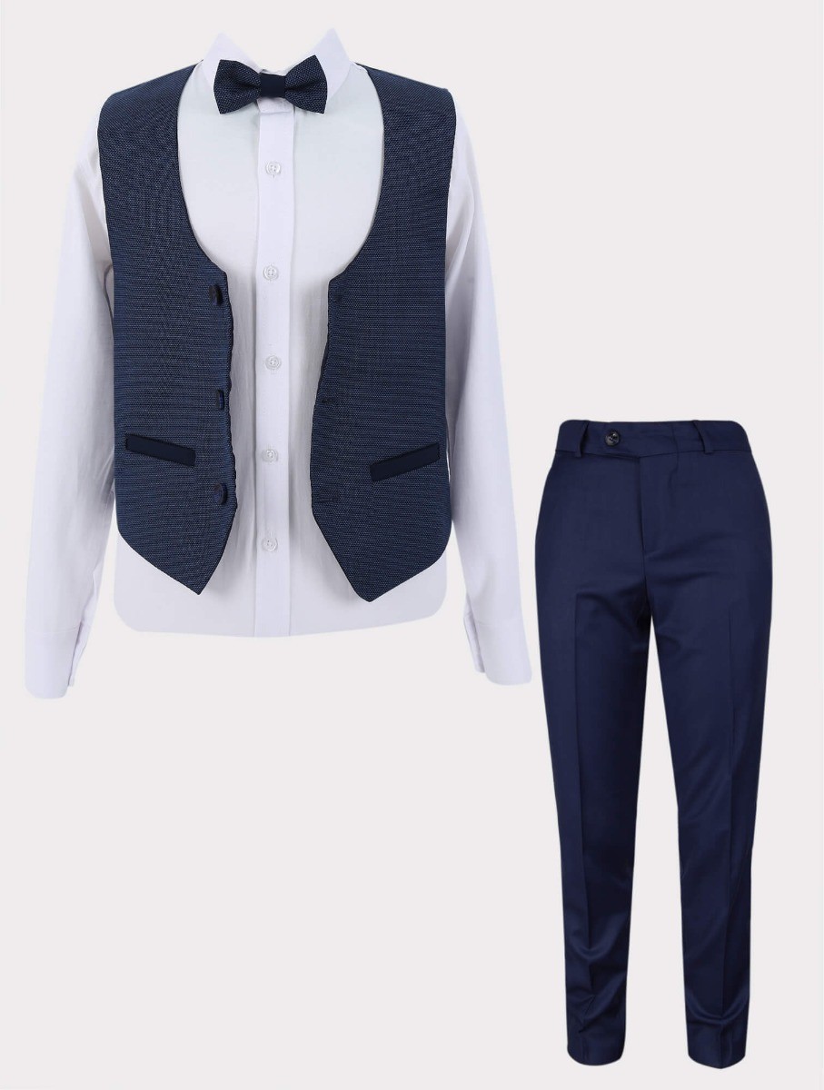 Boys 4 Piece Set Textured Vest - CHARLES Grey