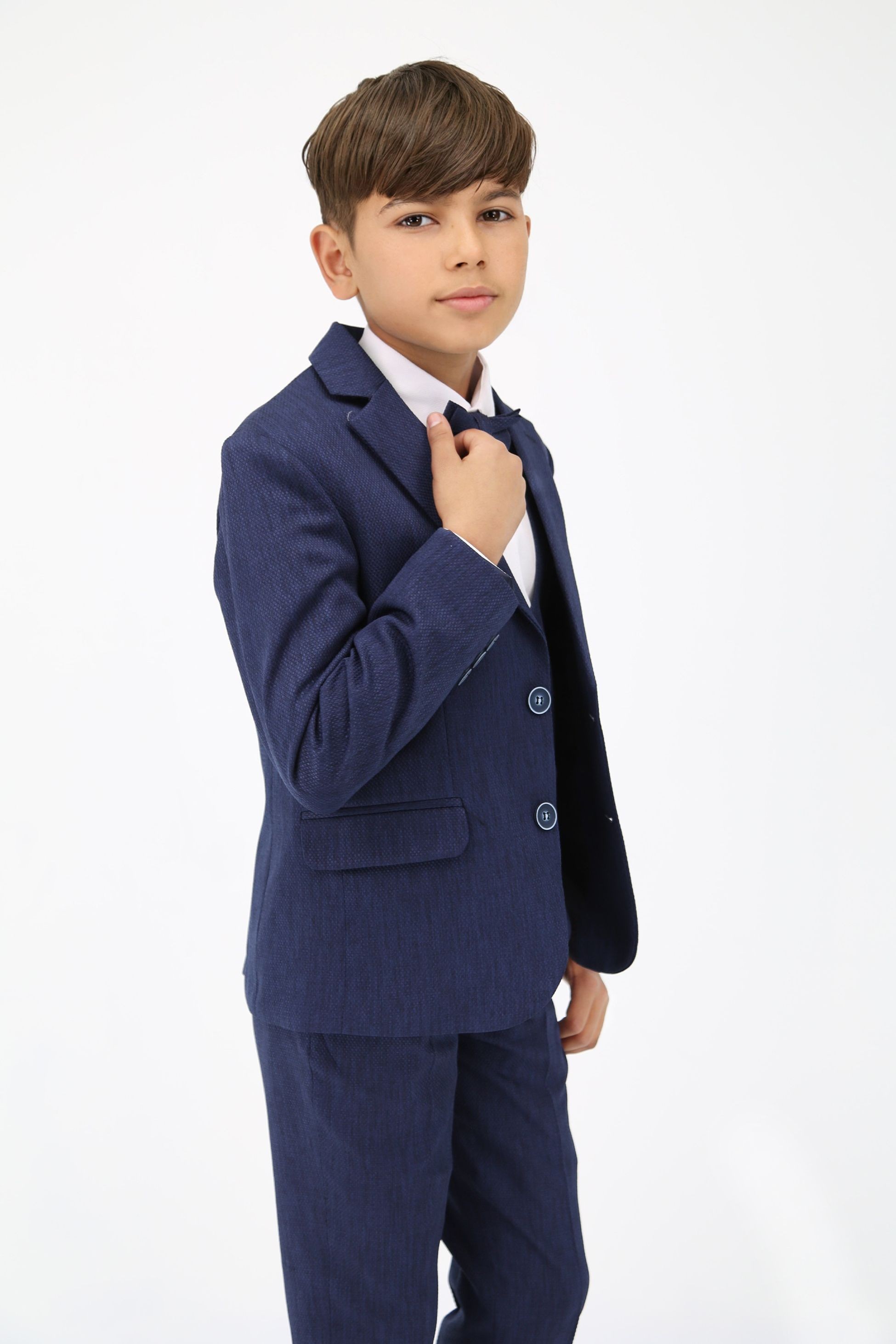 Slim-Fit Jungen Anzug 5-teilig mit Selbstmuster - Navy