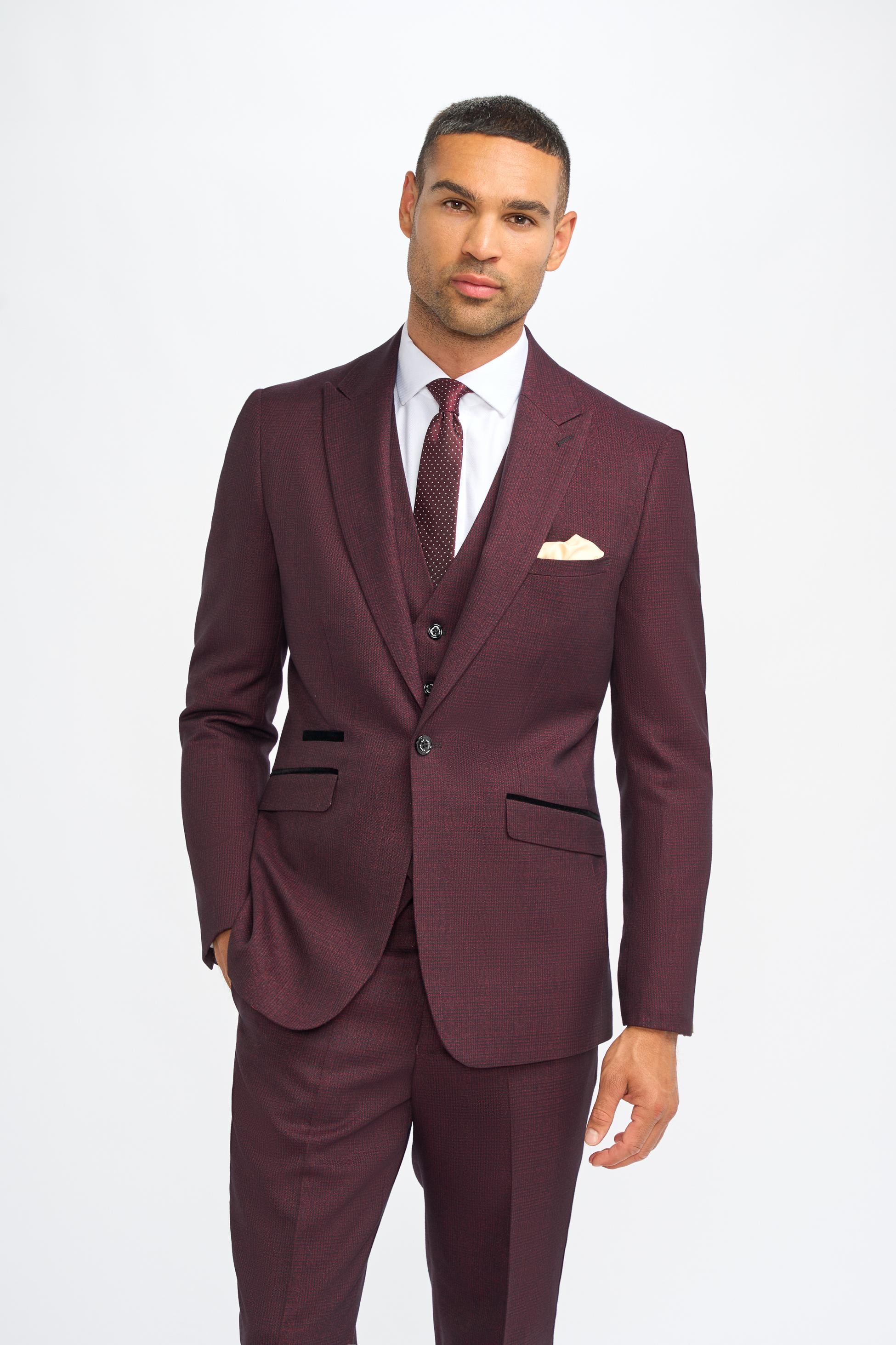 Men's Slim Fit Houndstooth Tweed Suit 3-Piece - CARIDI WINE