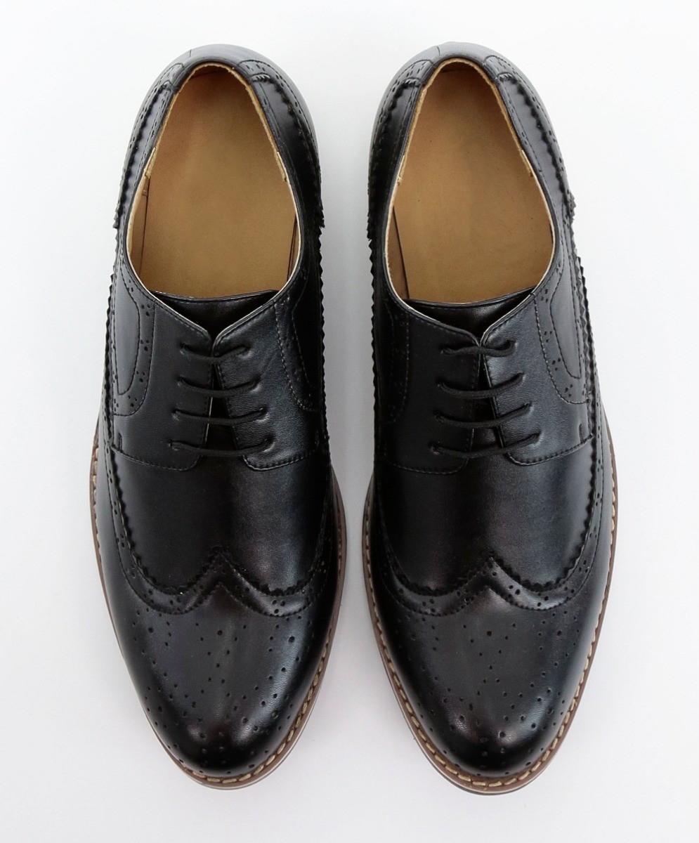 Chaussures richelieu en cuir à lacets et bout d'aile pour hommes - Noir