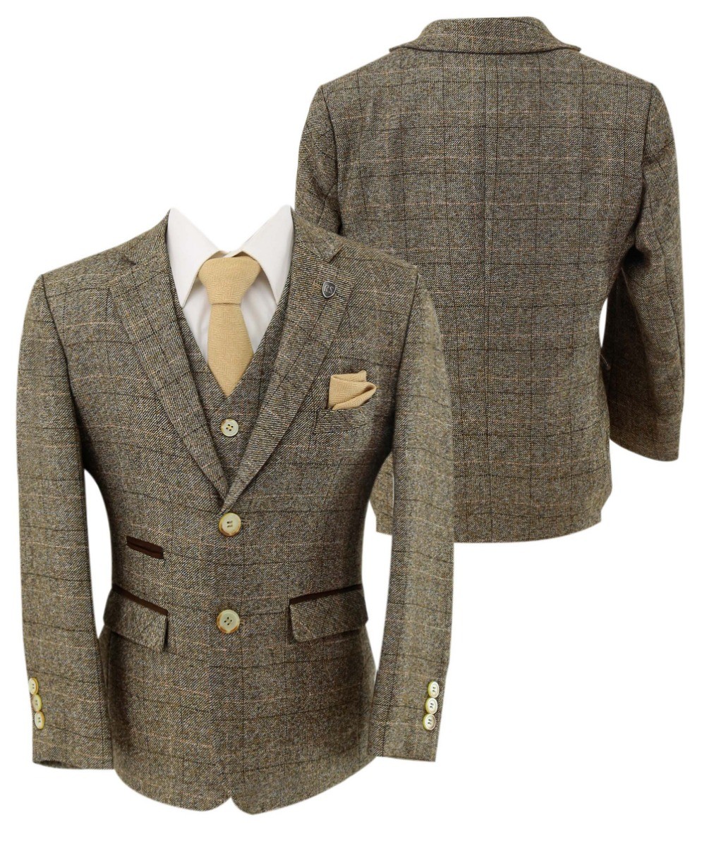 Jungen Tweed Karo Anzug in Beige mit taillierter Passform - LIAM