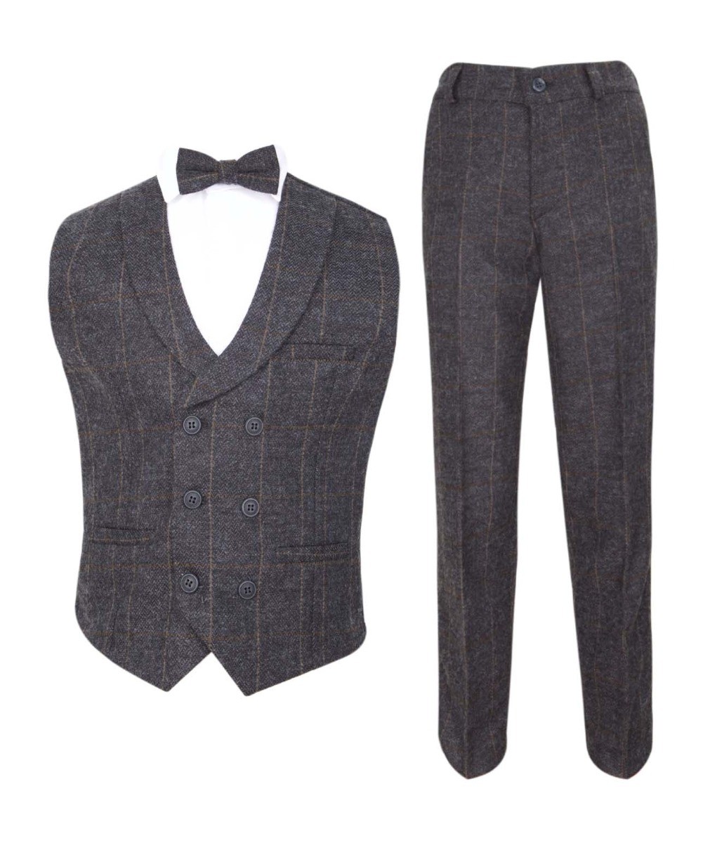 Boys Herringbone Check Double-breasted Vest Suit Set