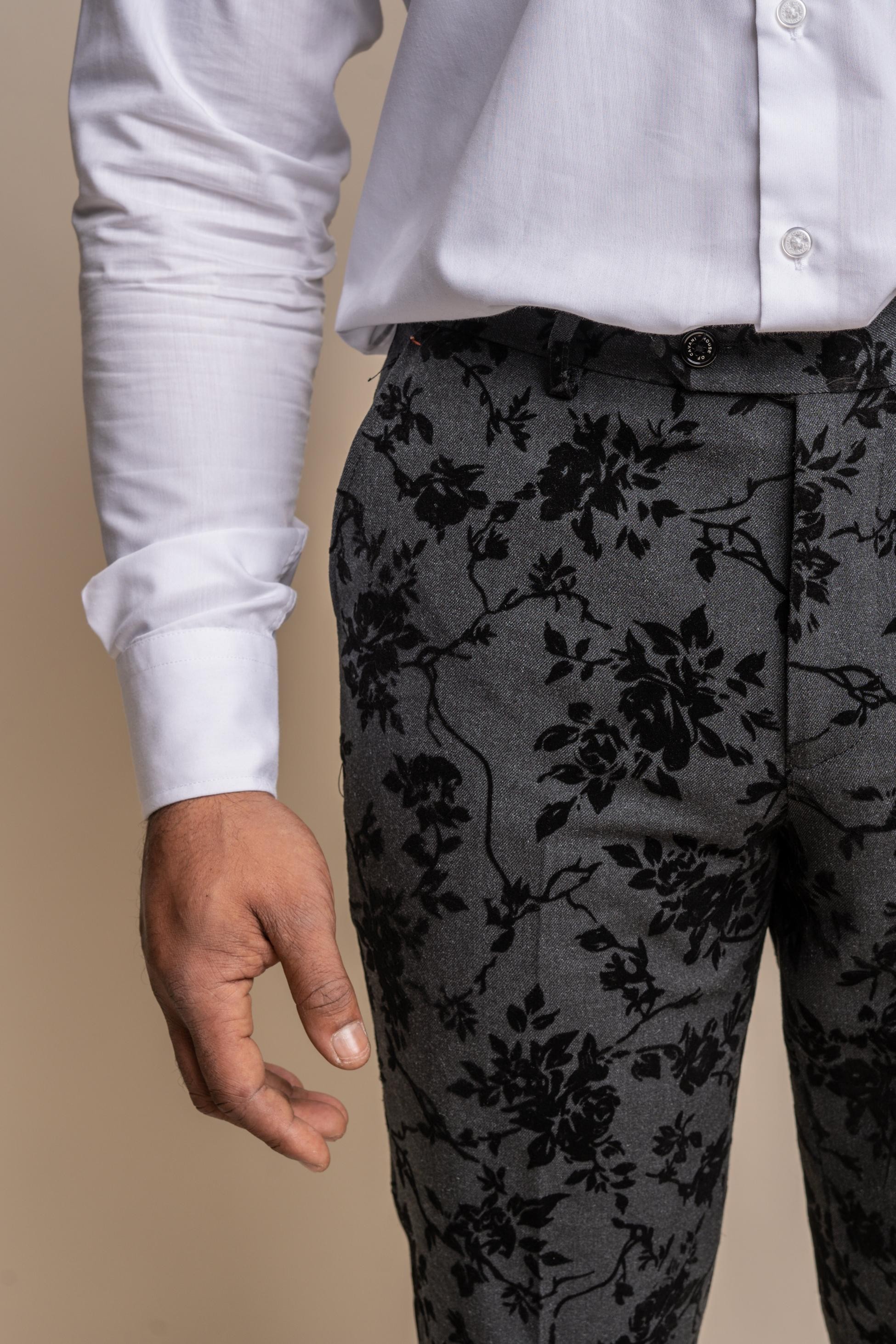 Men's Black Velvet Floral Embroidered Pants - GEORGI