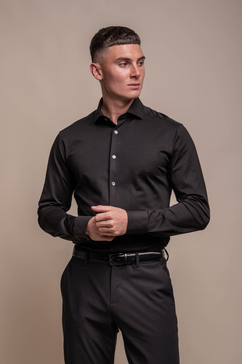 Chemise ajustée en coton à manches longues pour hommes - ASHLEY - Noir