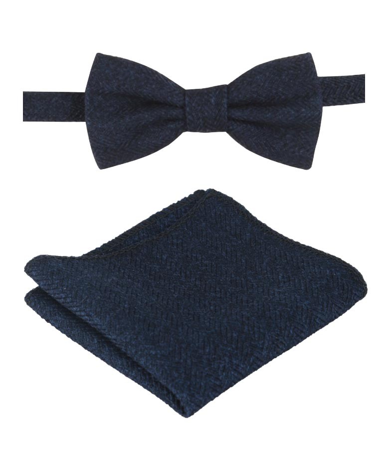 Fischgräten-Tweed-Dickie-Fliege und Einstecktuch für Jungen und Herren - Navy blau