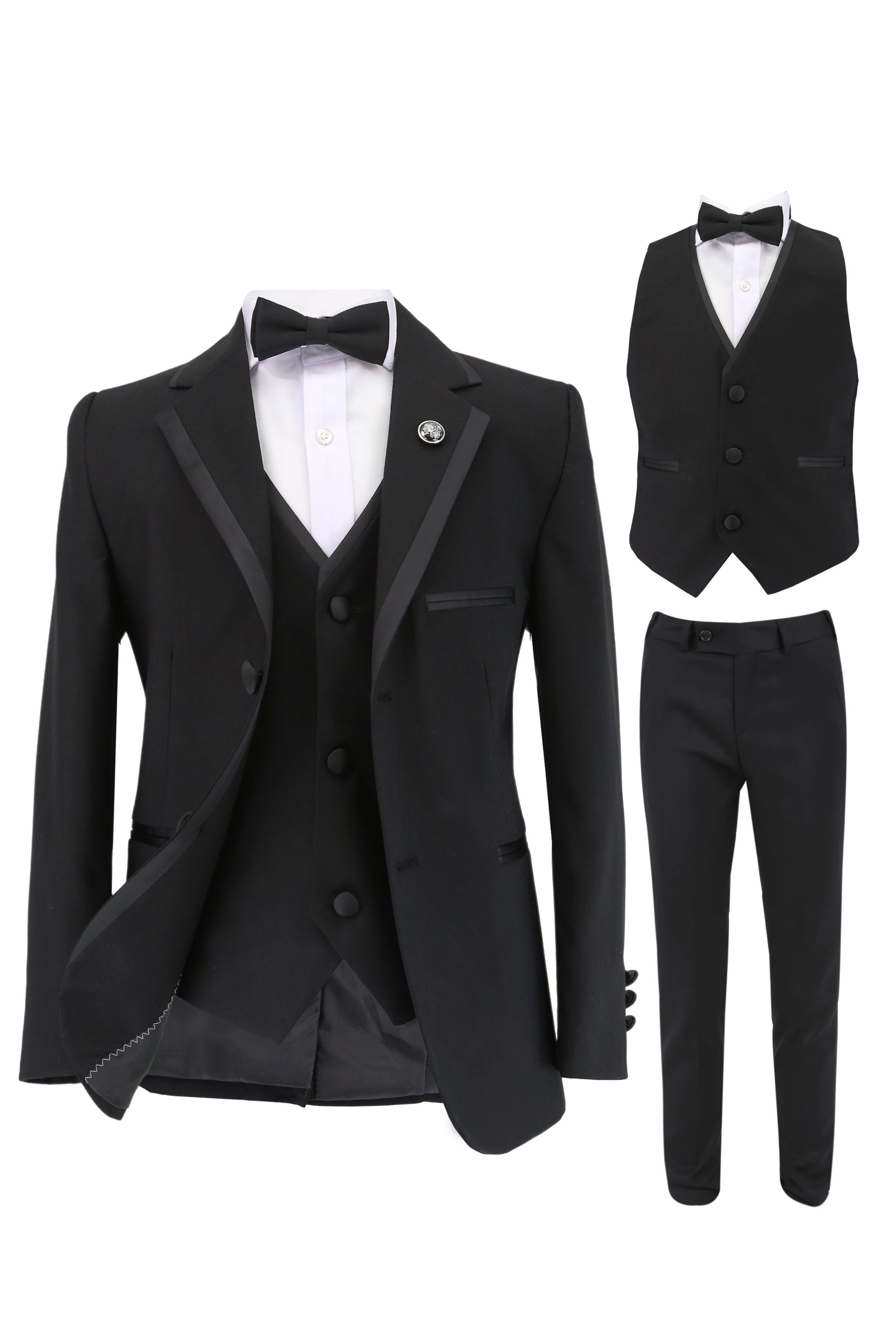 Jungen Smoking Paspel Dinner Anzug, Slim Fit 5-Teiliges Set für Hochzeiten und Besondere Anlässe - Schwarz
