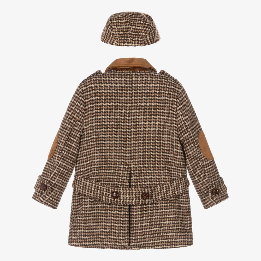 Zweiteiliger Erbsenmantel aus Tweed mit Hahnentrittmuster für Jungen und passender Mütze – perfekt für den Winter.