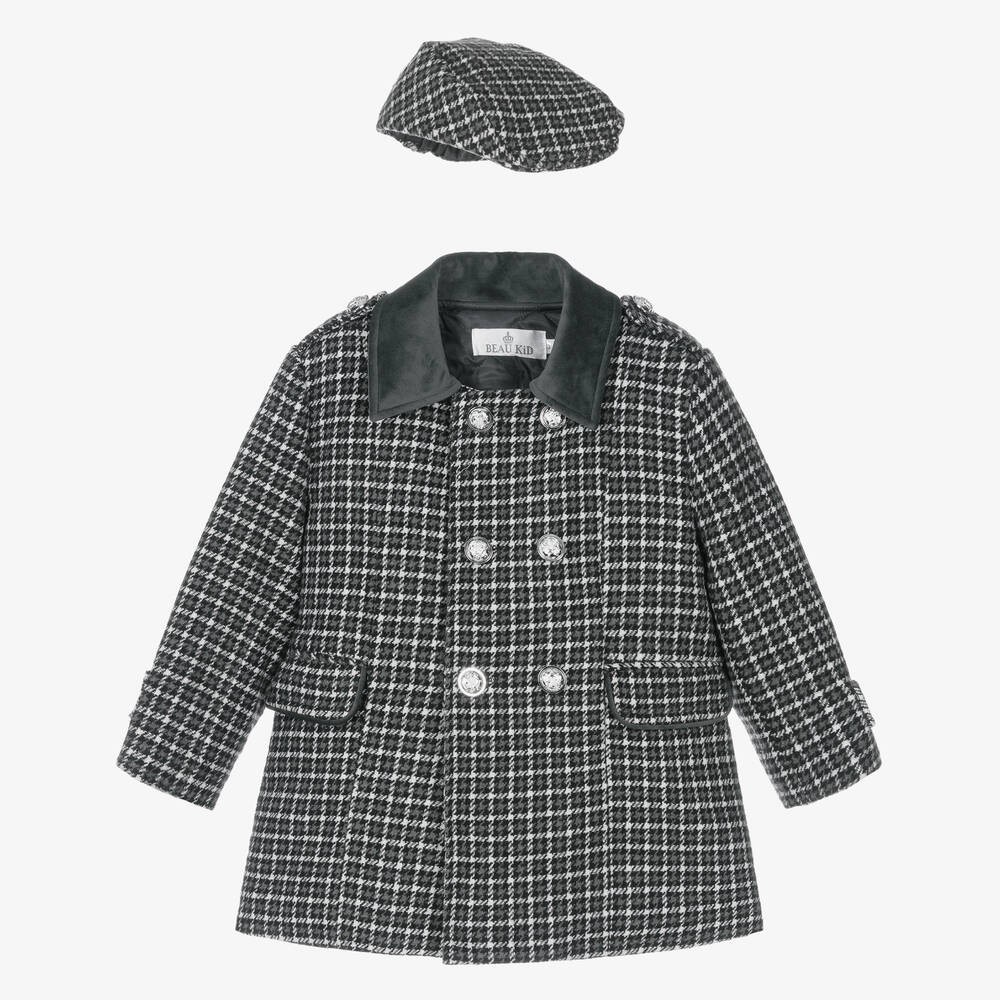 Zweiteiliger Erbsenmantel aus Tweed mit Hahnentrittmuster für Jungen und passender Mütze – perfekt für den Winter. - Grey