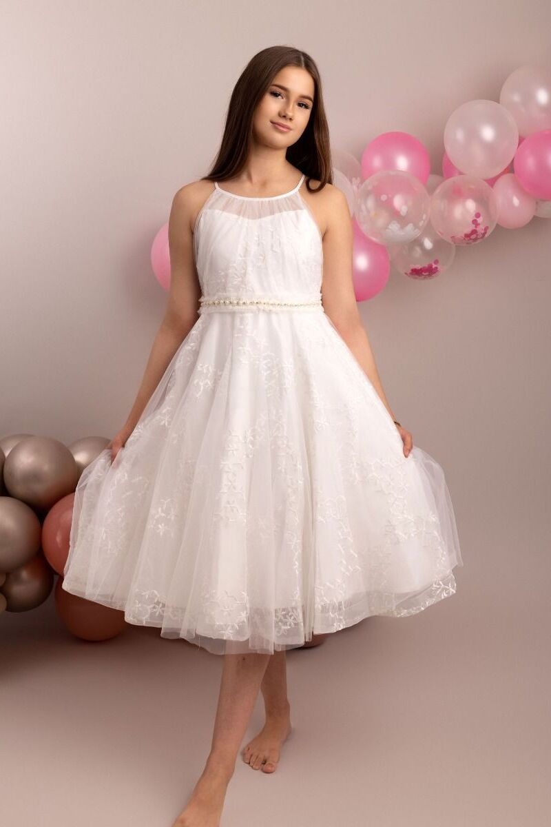 Robe en Tulle à Col Halter Ivoire pour Filles - GIA